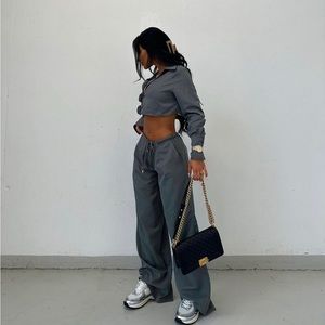 Button Up Crop Top And Pant Set